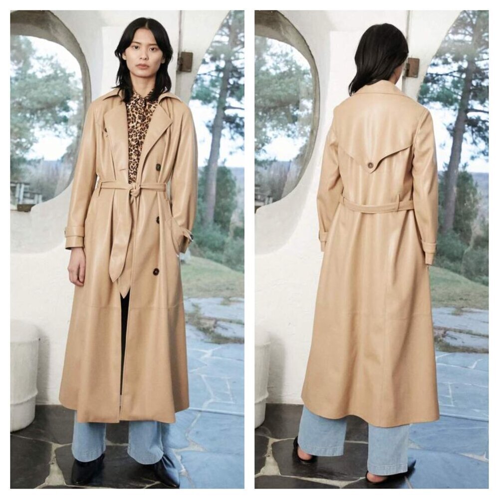 NEW Nanushka Chiara Vegan Leather Trench Coat Pale Camel Buttery Soft Women's S